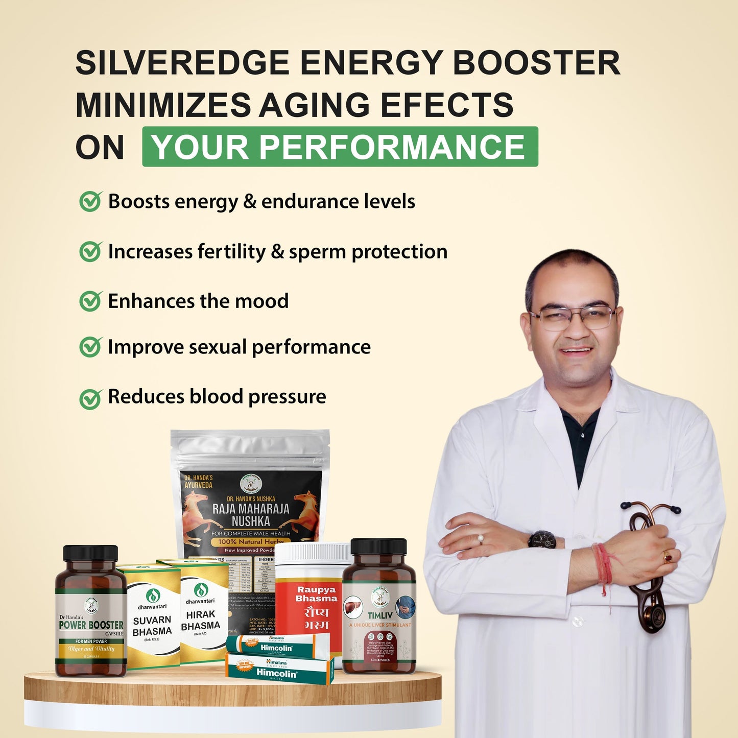 Herbovedam Silveredge Energy Booster Kit with Ayurvedic supplements, benefits listed including boosted energy, improved fertility and sperm protection, enhanced mood, better sexual performance, and reduced blood pressure, shown with doctor endorsement