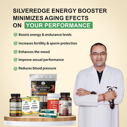 Herbovedam Silveredge Energy Booster Kit with Ayurvedic supplements, benefits listed including boosted energy, improved fertility and sperm protection, enhanced mood, better sexual performance, and reduced blood pressure, shown with doctor endorsement